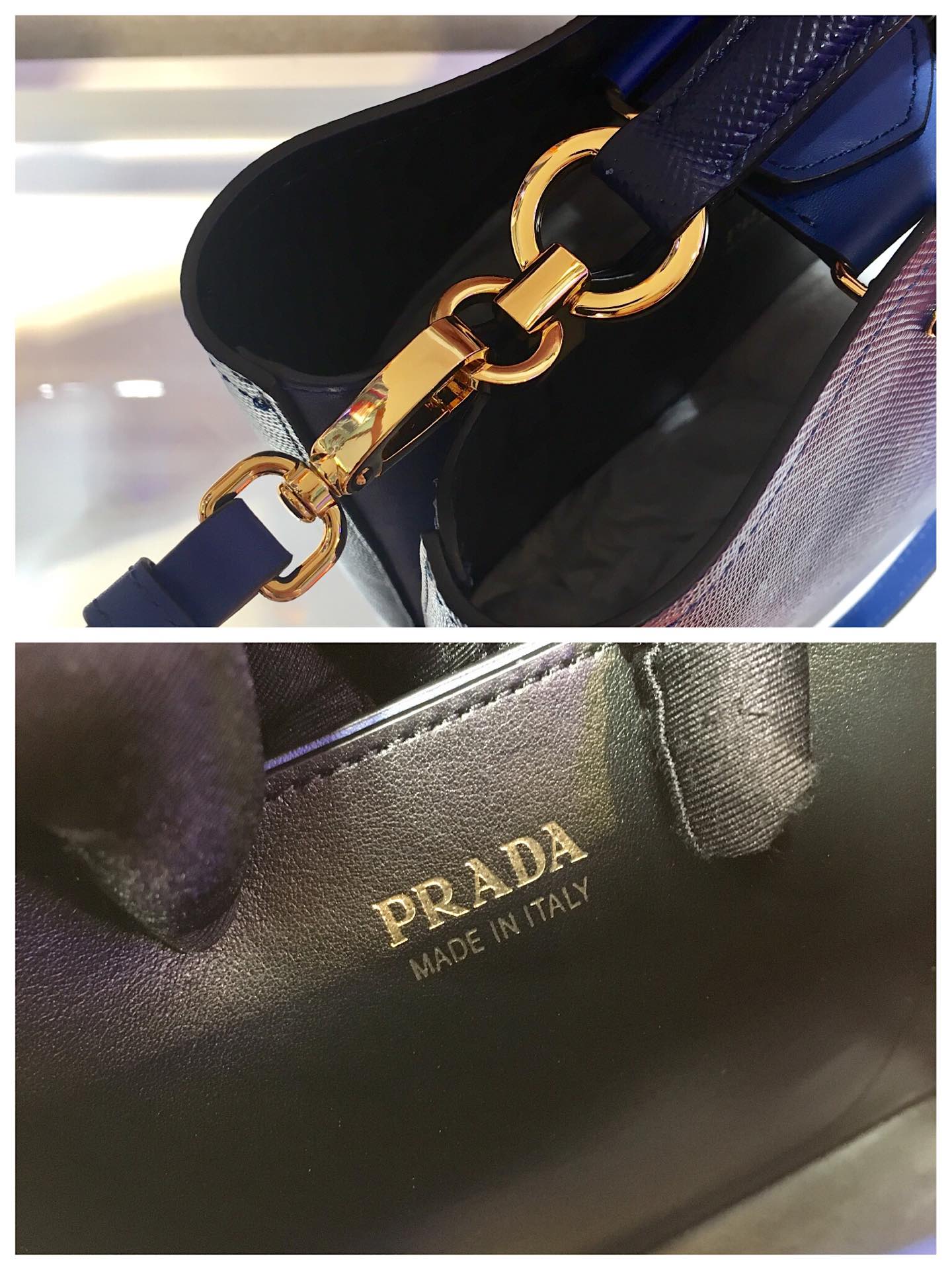 Prada Medium Panier Saffiano Leather Bag Blue/Black 1BA212